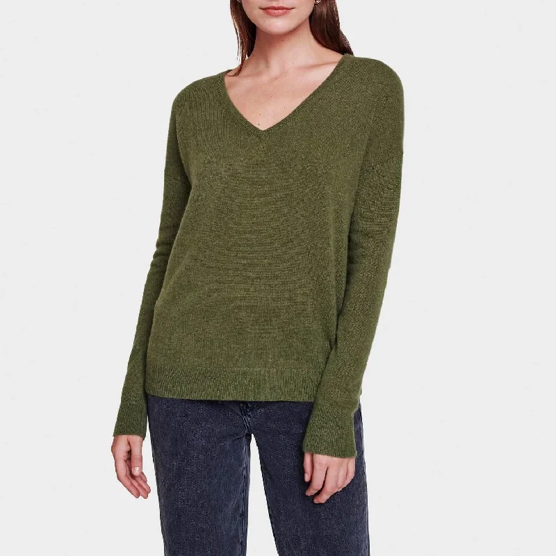 Women's Turkish Wool SweatersEssential Cashmere V-Neck (Olive Heather)