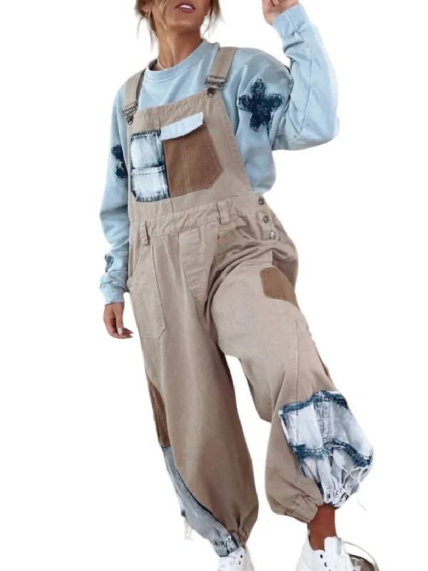 Women's Jodhpurs with Rounded CollarPicture This Patchwork Bib Overalls In Khaki