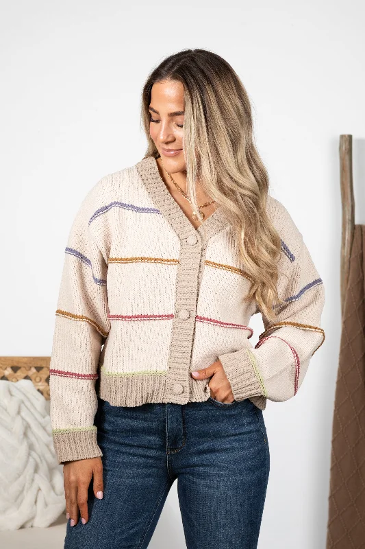 Women's Collarless Design SweatersBeige Stripe Button Cardigan