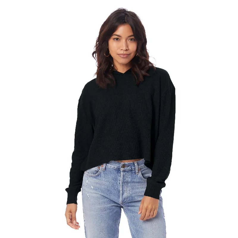 Women's Loose Fit SweatersThermal Relaxed Cropped Hooded Shirt (Black)