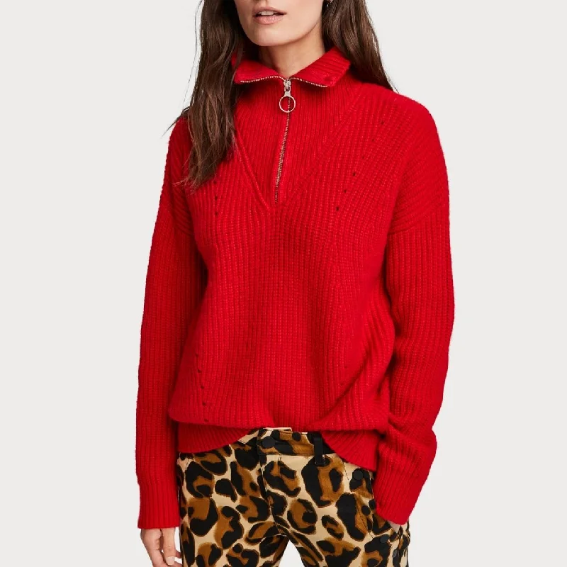 Women's Armenian Wool SweatersKnitted Zip-Up Pullover (Red)