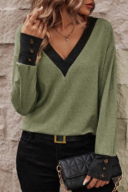 Women's Czech Wool SweatersV Neck Button Cuffed Long Sleeve Top