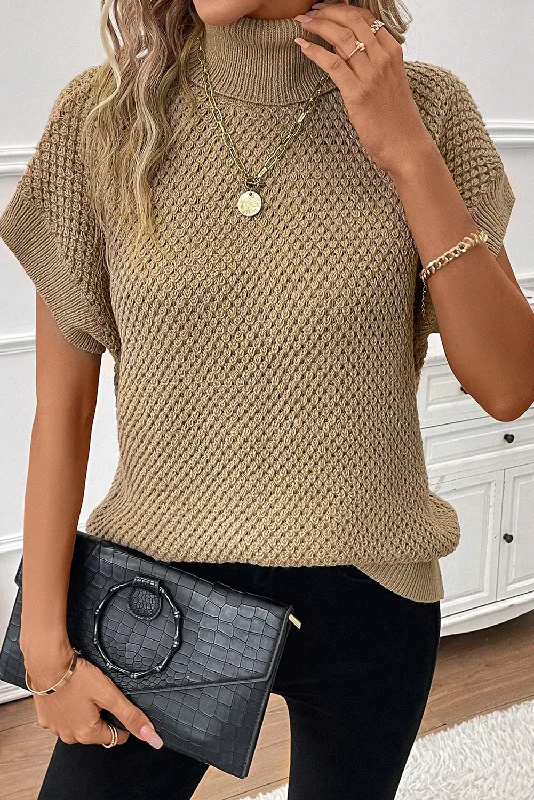 Women's Narrow Collar SweatersTurtleneck Textured Short Sleeve Sweater