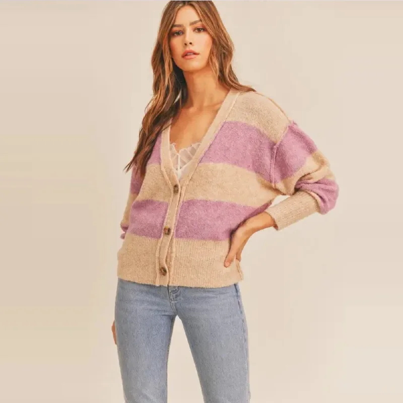 Women's Mohair SweatersStriped Button Down Cardigan (Beige Lilac)