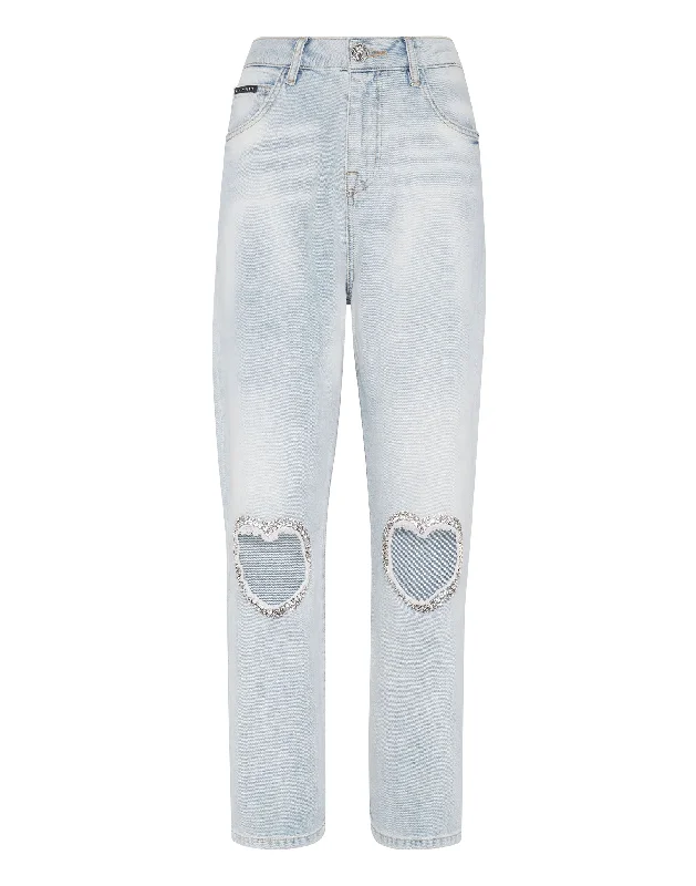 Women's Jodhpurs with Mandarin CollarDenim Trousers Loose Fit Heart Patch