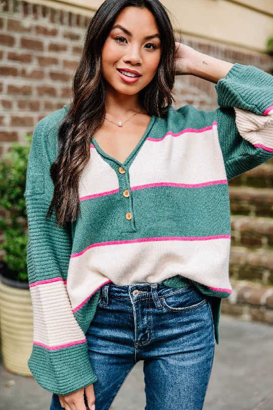 Women's Keyhole Collar SweatersHere For You Green Striped Sweater