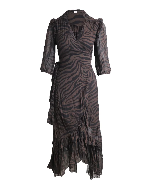 Women's Peter Pan Collar DressesBa&Sh Zebra Print Asymmetric Wrap Dress in Brown Viscose