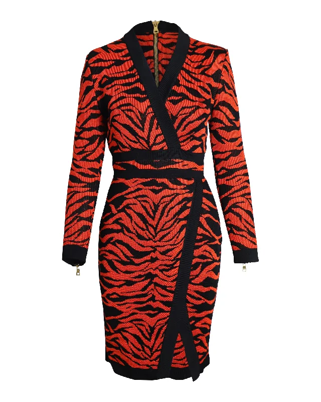 Women's High-Low DressesBalmain Wrap-Effect Printed Knit Dress in Orange Viscose