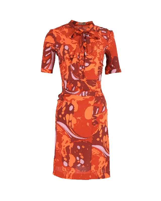 Women's Boat Collar DressesBottega Veneta Abstract Print Tie-Neck Knee-Length Dress in Multicolor Silk