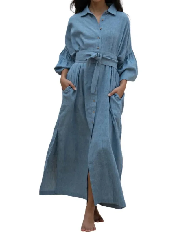 Women's U-Shaped-Neck DressesButton Down Shirt Dress In Indigo/ice Blue