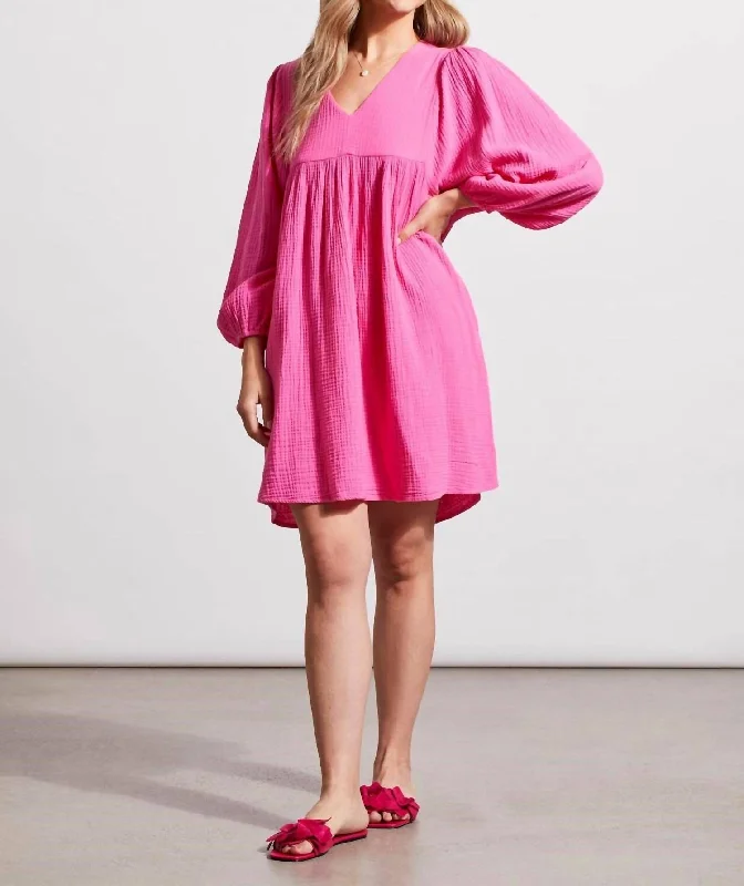 Women's Boat-Neck DressesCotton Gauze Puffy Sleeve Dress In Hi Pink