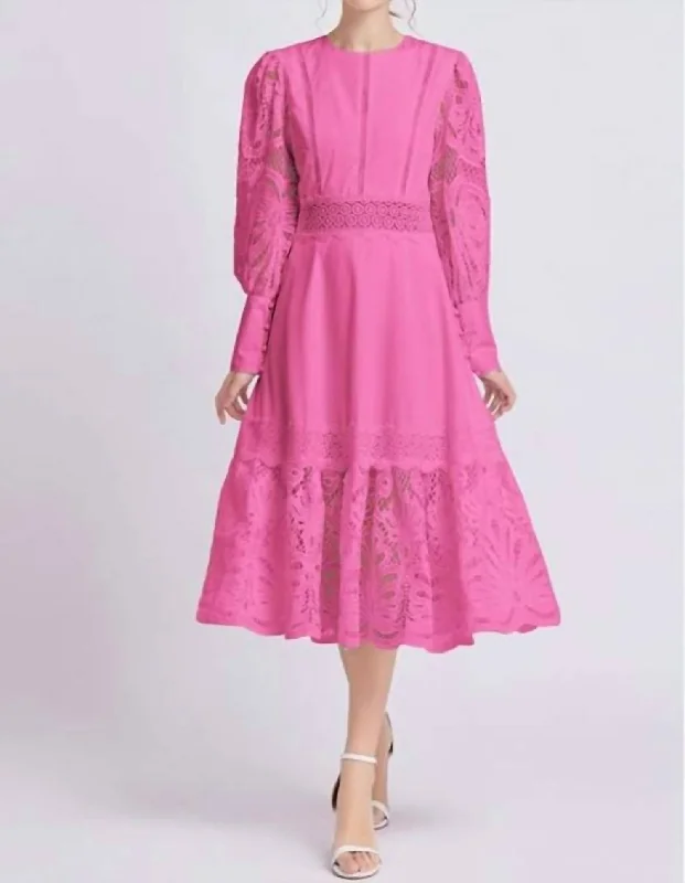 Women's Peter Pan Collar DressesCrochet Long Dress In Pink