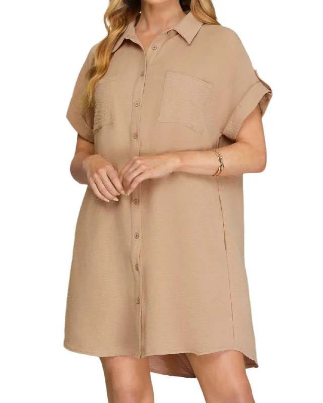 Women's Boat Collar DressesDrop Shoulder Button Up Shirt Dress In Light Mocha