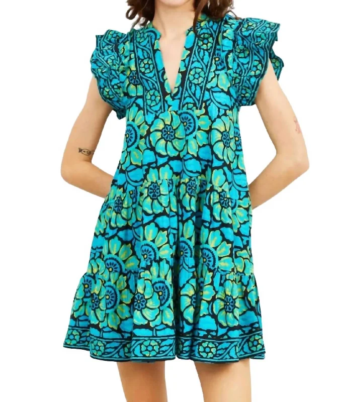 Women's Collarless DressesEmber Dress In Shania Turquoise Print