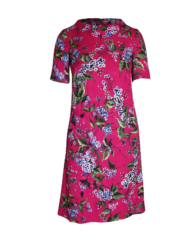 Women's Notched Collar DressesEscada Floral Print Knee-Length Dress in Pink Cotton