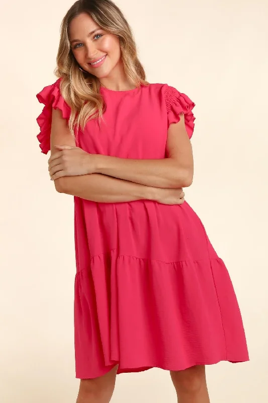 Women's V-Back DressesFull Size Smocking Ruffle Short Sleeve Dress with Pockets