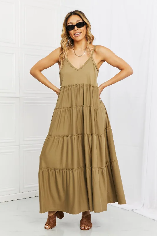 Women's Boat-Neck DressesFull Size Spaghetti Strap Tiered Dress with Pockets in Khaki