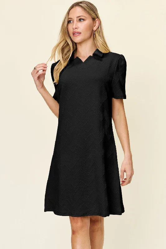 Women's Sweetheart-Back DressesFull Size Texture Collared Neck Short Sleeve Dress