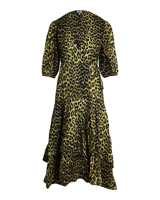 Women's Collarless DressesGanni Leopard Print Wrap Dress in Yellow Cotton