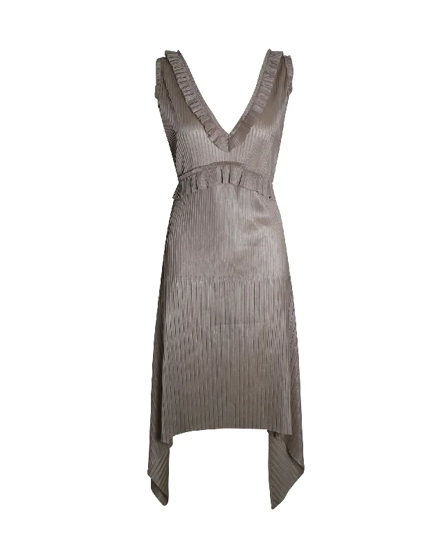 Women's Narrow Collar DressesGivenchy Deep V-Neck Plisse Dress in Champagne Triacetate