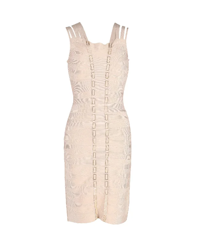 Women's Pleated DressesHerve Leger Gemma Metal Chain Link Detail Bandage Dress in Nude Rayon