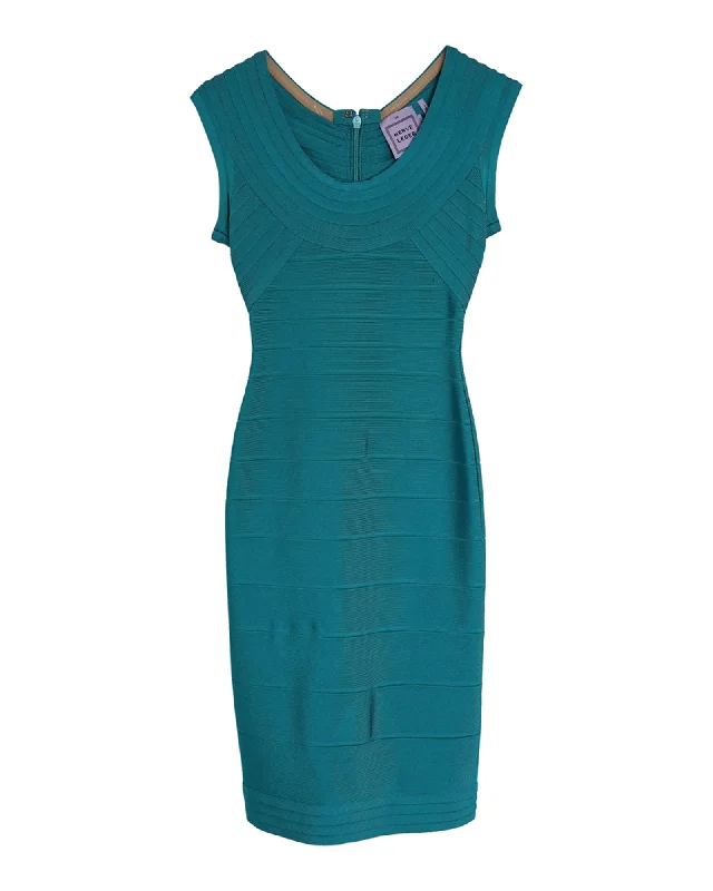 Women's Collarless DressesHerve Leger Scoop Neck Bandage Dress in Teal Rayon