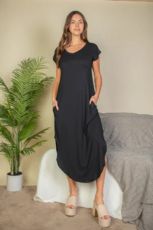 Women's Wide-Neck DressesHidden Pocket Batwing Sleeve V Neck Long Dress