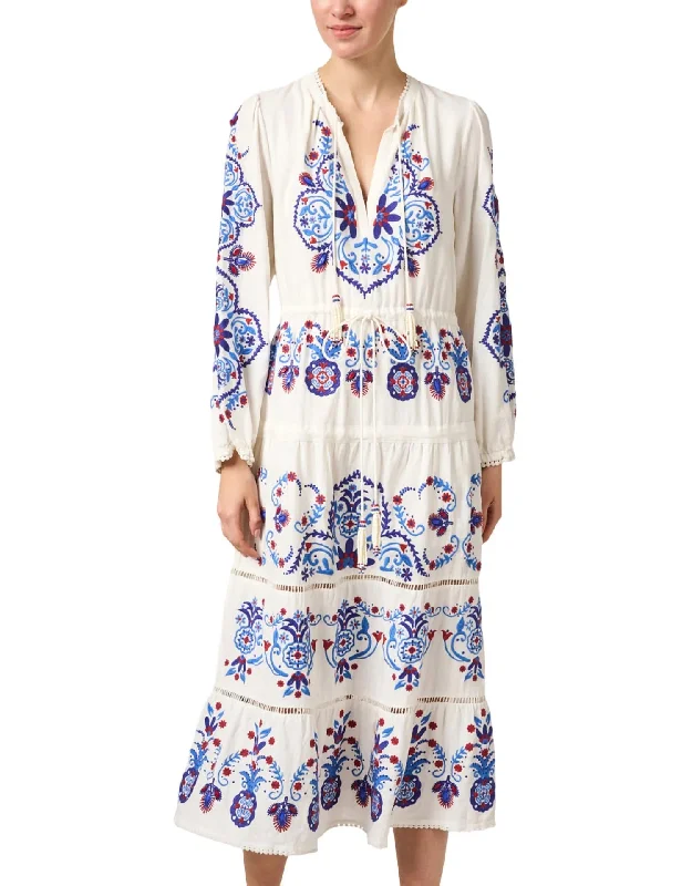 Women's Narrow Collar DressesIvory Embroidered Linen Dress In White/blue/red