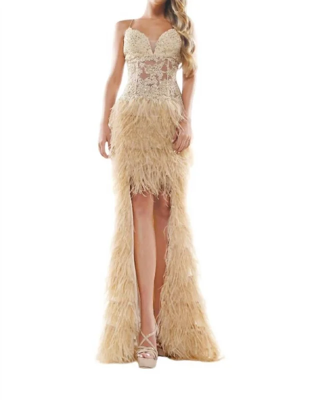 Women's Empire Waist DressesLace With Faux Feather Long Dress In Nude