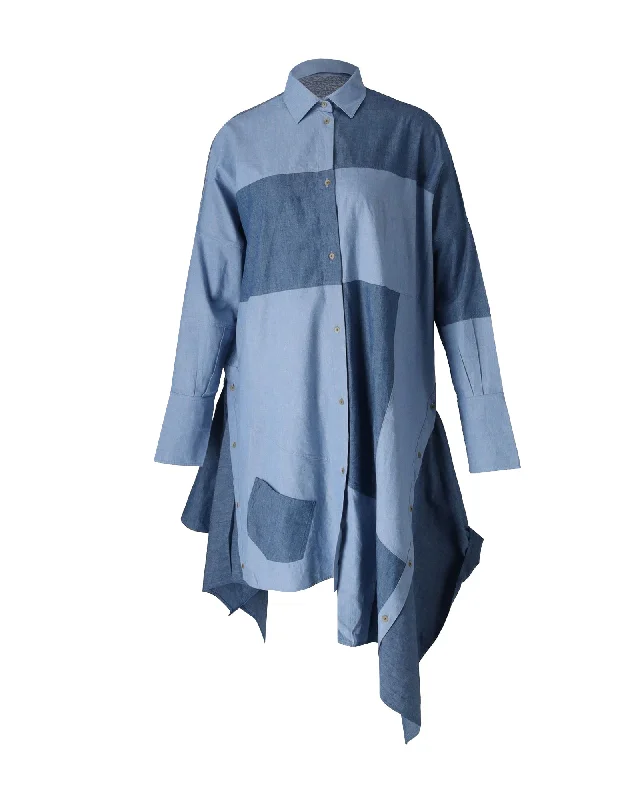 Women's Low Collar DressesLoewe Asymmetric Patchwork Chambray Shirt Dress in Blue Cotton