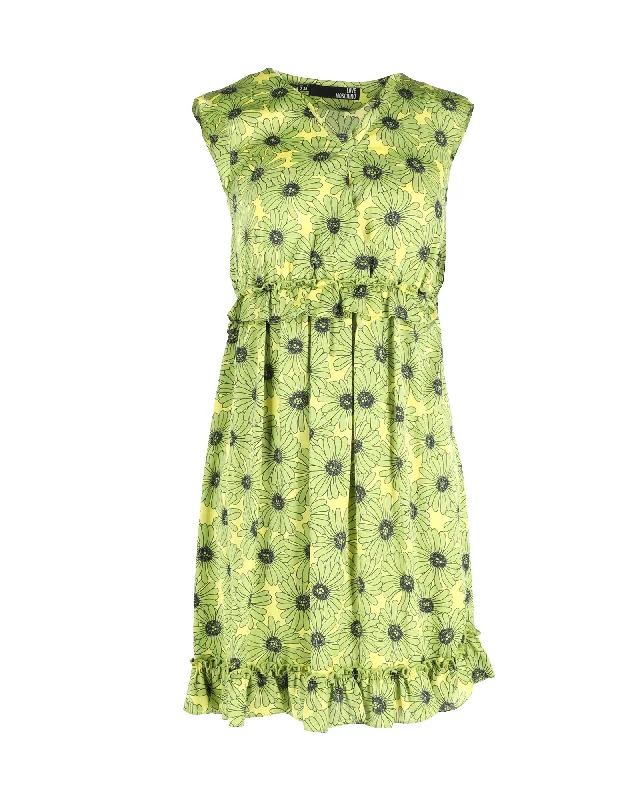 Women's Mandarin Collar DressesLove Moschino Ruffled Floral Dress in Green Silk