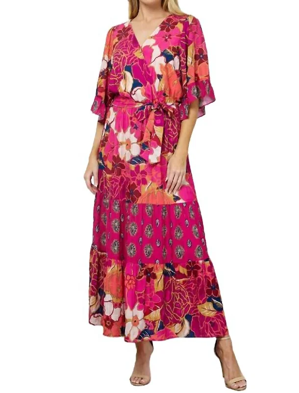 Women's Square-Neck DressesMix Pattern Ruffle Dress In Magenta