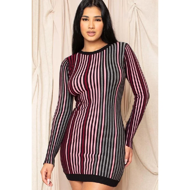 Women's Low Collar DressesMulti-color Striped Ribbed Dress