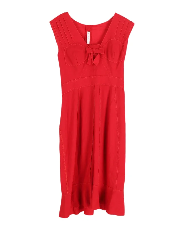 Women's Keyhole Collar DressesPrada Bow Detail V-neck Dress in Red Polyester