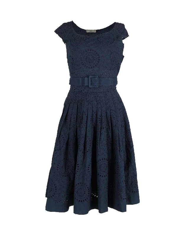 Women's Sweetheart-Neck DressesPrada Broderie Anglaise Belted Dress in Navy Blue Cotton