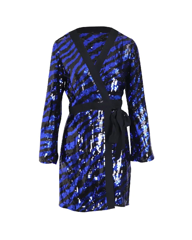 Women's Square-Neck DressesRixo Striped Wrap Dress in Blue and Black Sequin