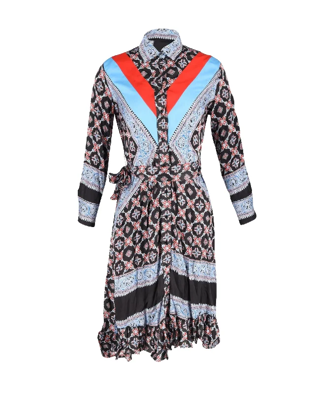 Women's Round-Neck DressesSandro John Belted Cady-Paneled Printed Shirt Dress in Multicolor Viscose