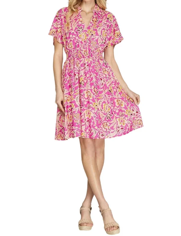 Women's V-Shaped Collar DressesShort Drop Sleeve Printed Collared Dress In Hot Pink