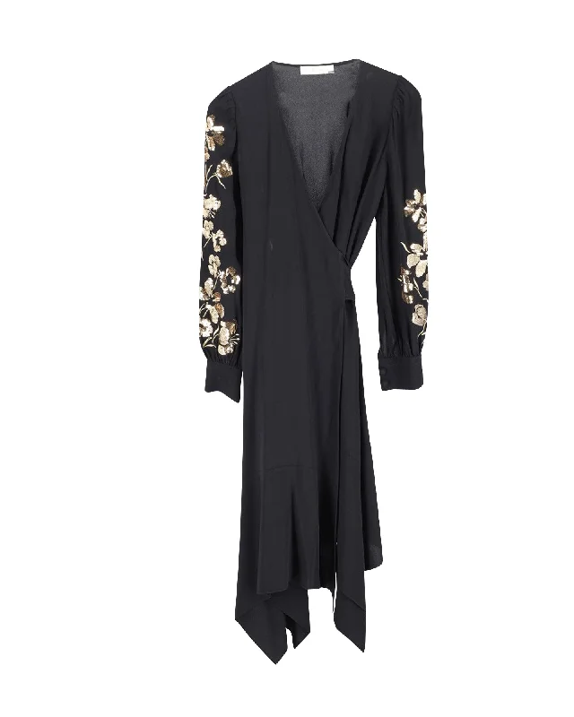 Women's Boat-Neck DressesTory Burch Embroidered Wrap Dress in Black Viscose