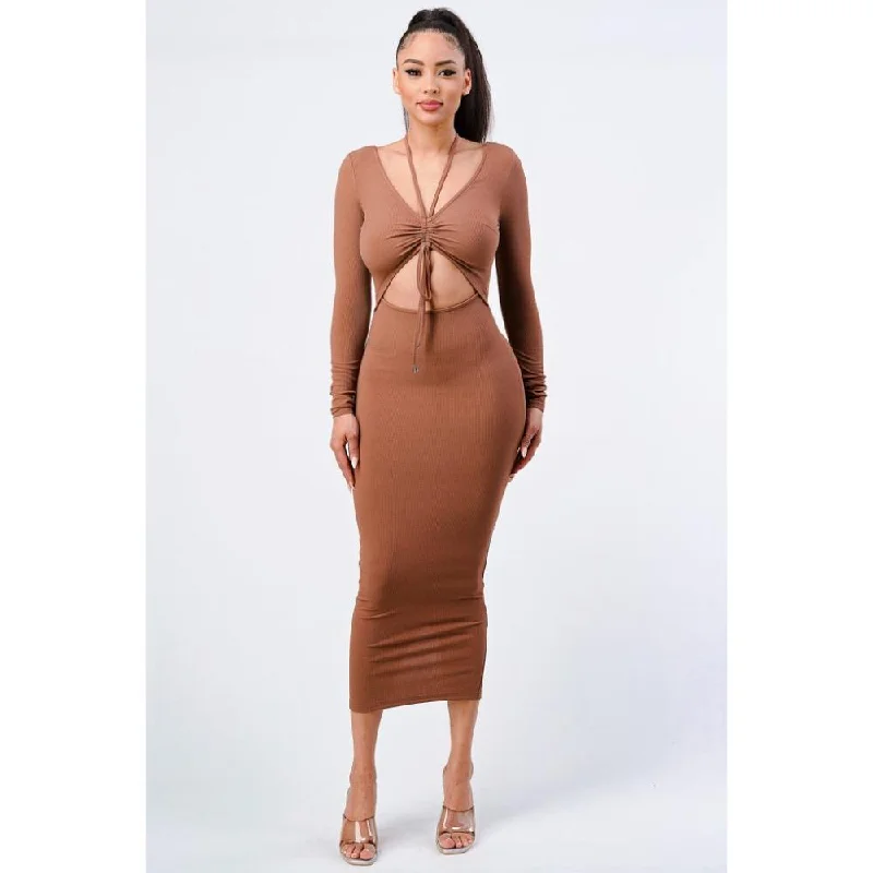 Women's Shawl Collar DressesTrendy Front Shirring Cut-out Long Sleeved Dress