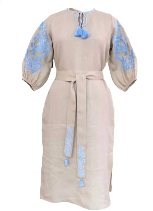 Women's Bell-Sleeve DressesWomen's Vita Fleur Puff Sleeve Veronica Dress In Tan Nude/lt Blue