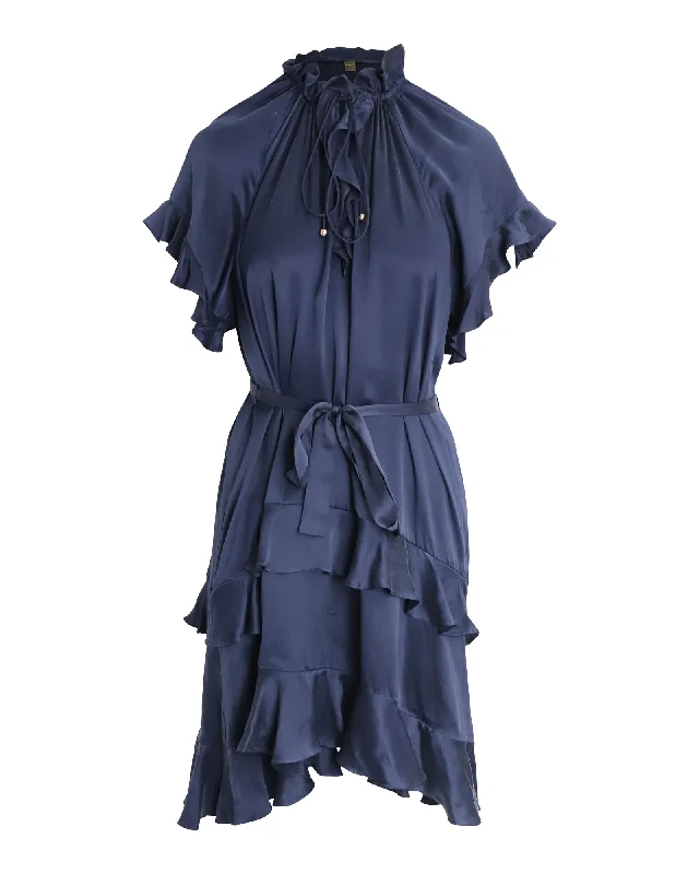 Women's Keyhole Collar DressesZimmermann Ruffled Belted Dress in Navy Silk