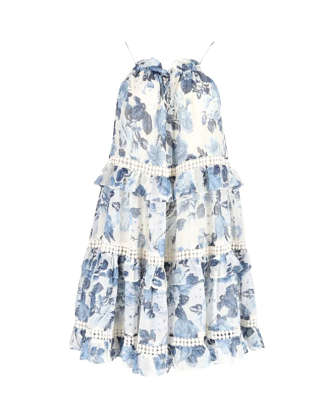 Women's Midi DressesZimmermann Tiered Sleeveless Dress in Blue Floral Print Silk