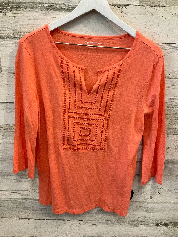 Women's Blouse with Collarless DesignTop 3/4 Sleeve By Croft And Barrow In Orange, Size: M