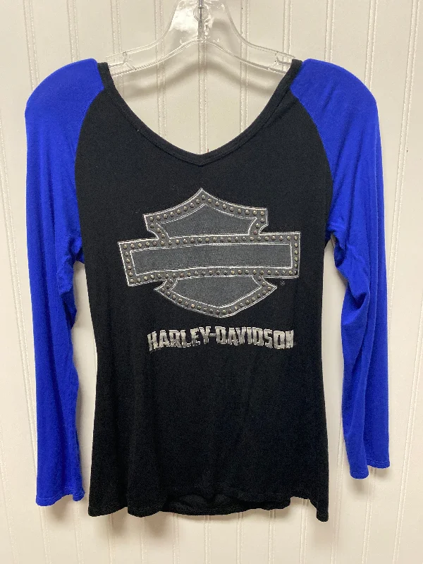 Women's Blouse for OfficeTop 3/4 Sleeve By Harley Davidson In Black & Blue, Size: Xs