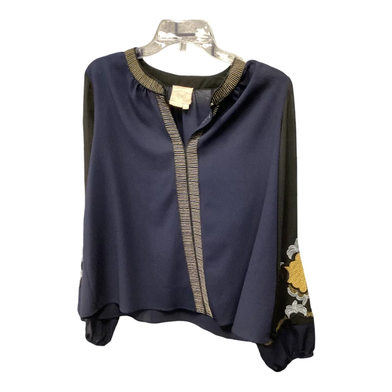 Women's Blouse with Shawl CollarTop Long Sleeve By Anthropologie In Navy, Size: L