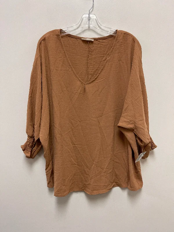 Women's Blouse with Boat CollarTop Long Sleeve By Ee Some In Brown, Size: M