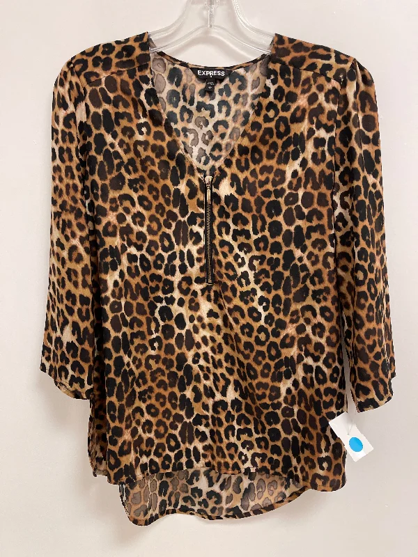 Women's Blouse with Notched CollarTop Long Sleeve By Express In Animal Print, Size: S