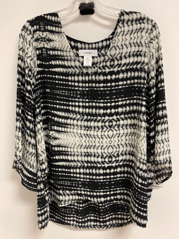 Women's Blouse with U-Shaped CollarTop Long Sleeve By Karen Kane In Black & White, Size: M