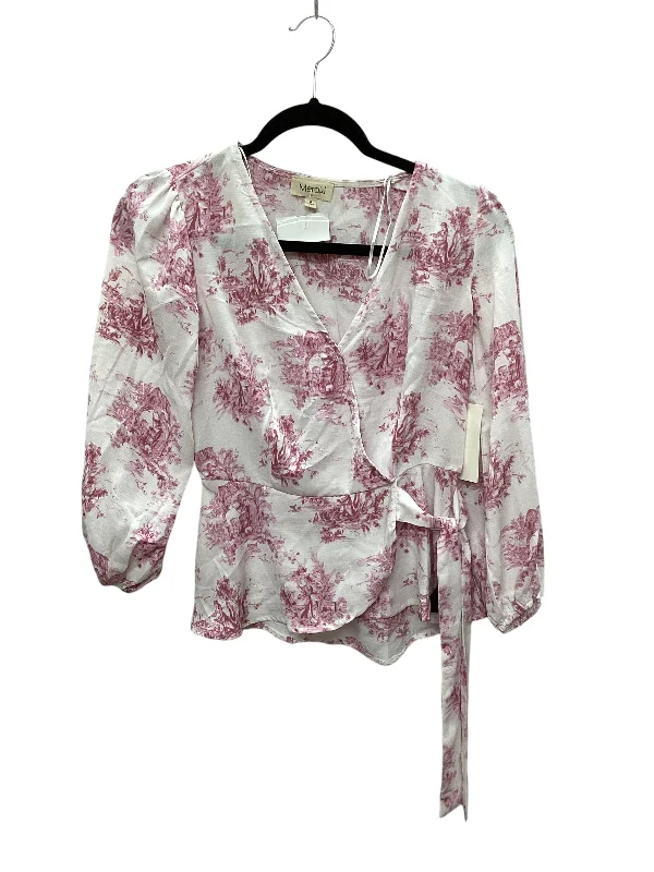 Women's Blouse with Mandarin CollarTop Long Sleeve By Meraki In Floral Print, Size: S